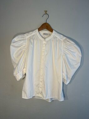 Maria Cher Soller Aime White Dramatic Puff-Sleeve Button-Down Shirt Top Cotton